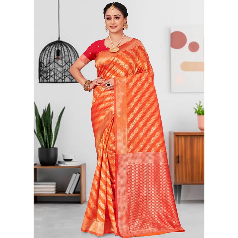 Orange Spun Silk Saree With Blouse Piece - JD986580412