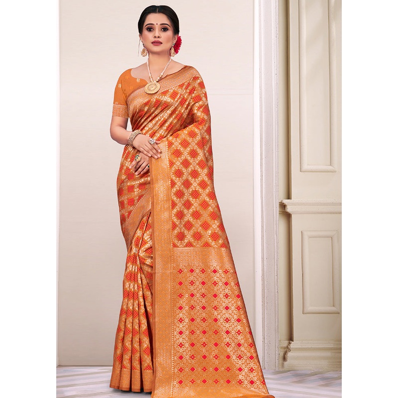 Orange Spun Silk Saree With Blouse Piece - JD986580421