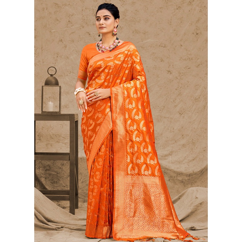 Orange Spun Silk Saree With Blouse Piece - JD986580501