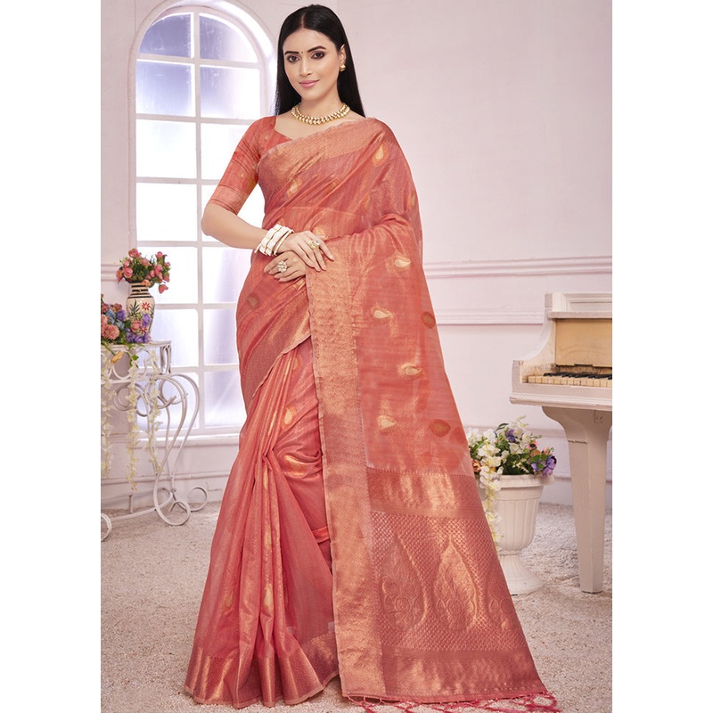 Peach Organza Saree With Blouse Piece - JD986580447
