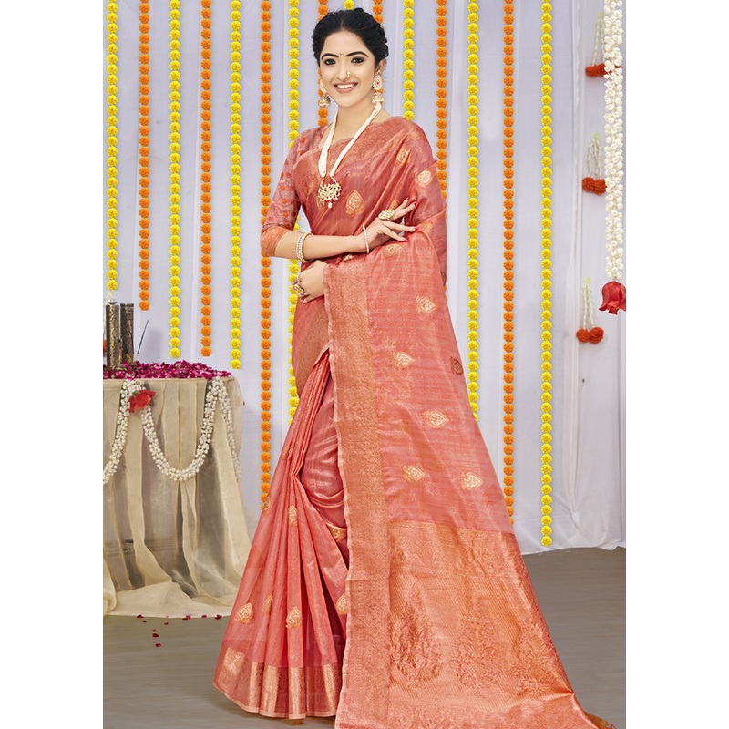 Peach Organza Saree With Blouse Piece - JD986580456