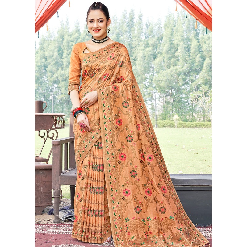 Peach Spun Silk Saree With Blouse Piece - JD986580396
