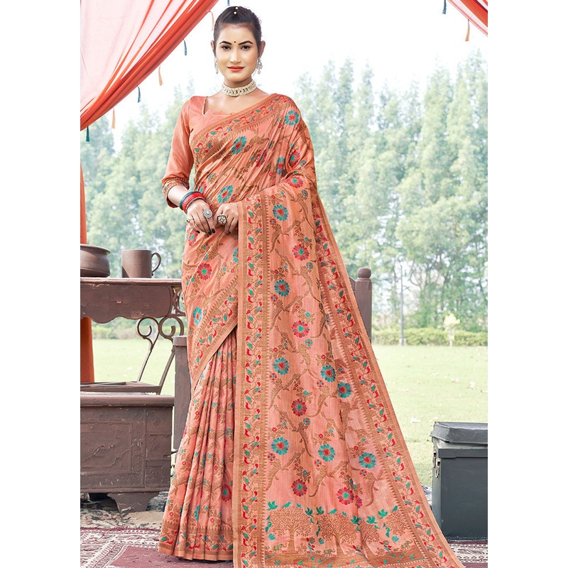 Peach Spun Silk Saree With Blouse Piece - JD986580399