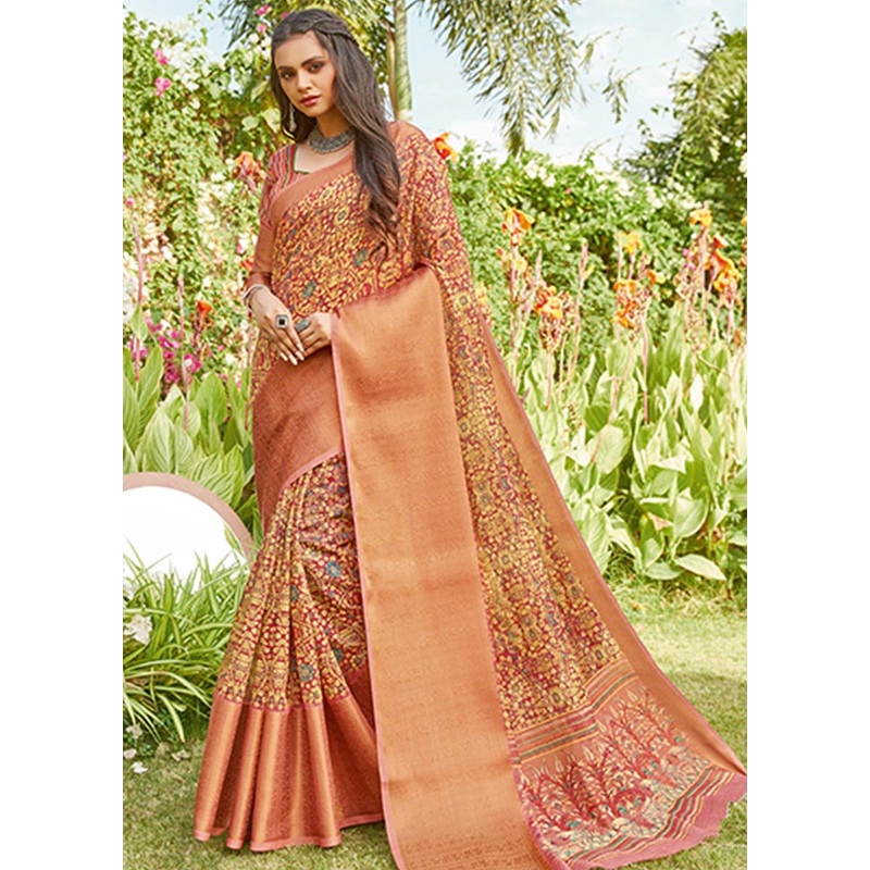 Peach Spun Silk Saree With Blouse Piece - JD986580522