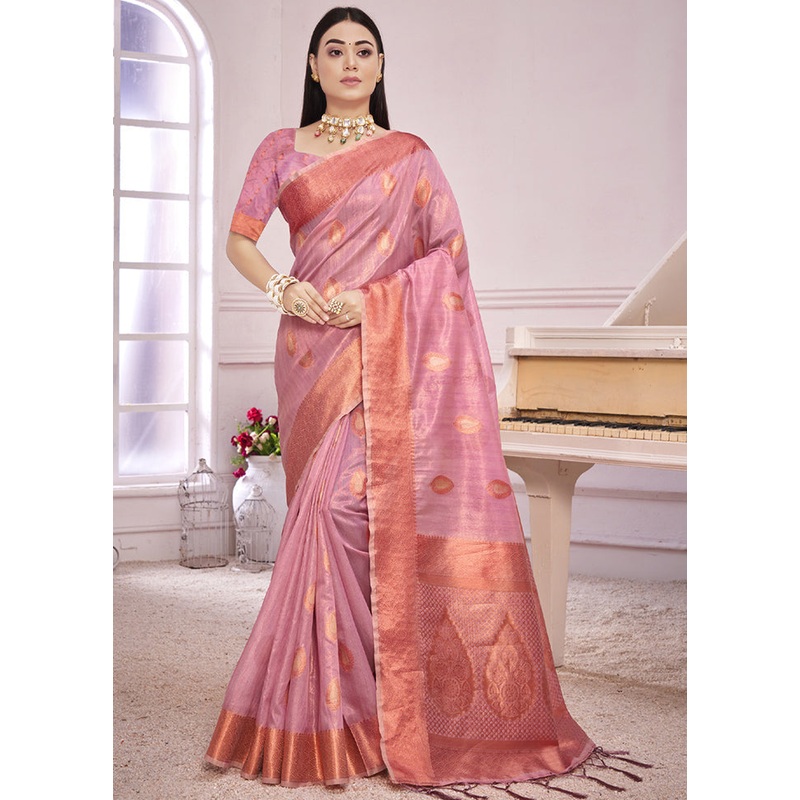 Pink Organza Saree With Blouse Piece - JD986580441