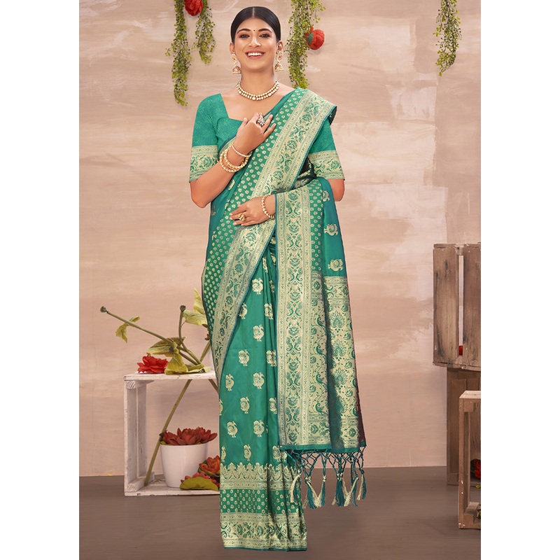 Rama Spun Silk Saree With Blouse Piece - JD986580476