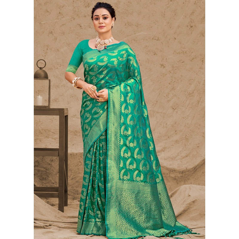 Rama Spun Silk Saree With Blouse Piece - JD986580503