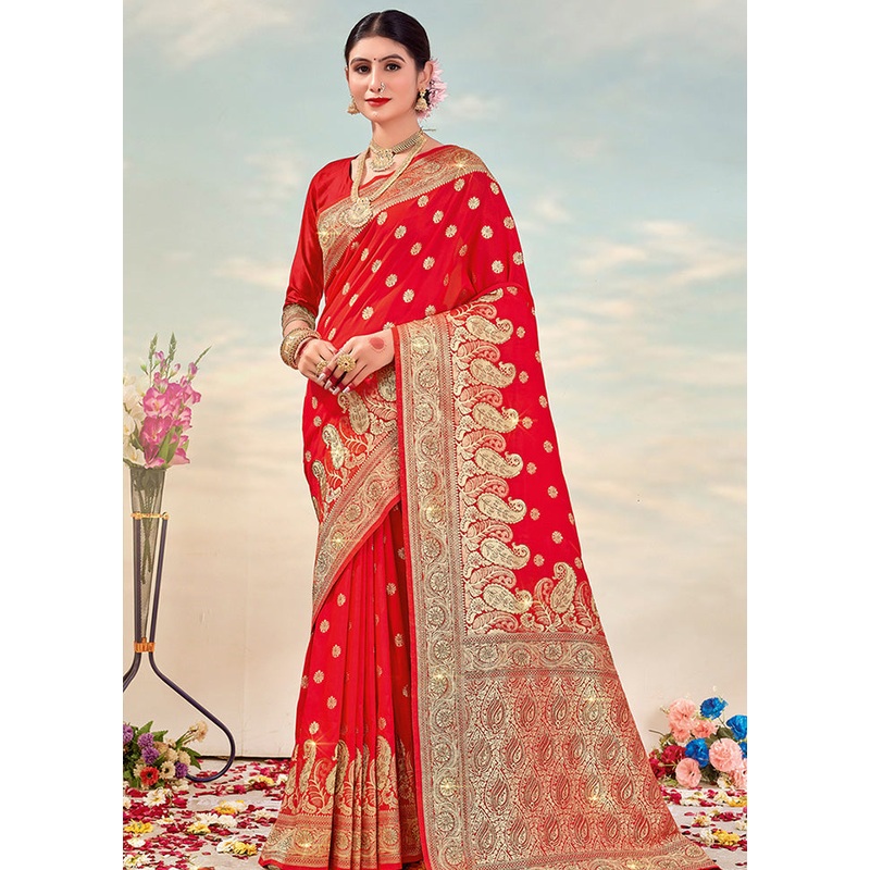 Red Spun Silk Saree With Blouse Piece - JD986580371