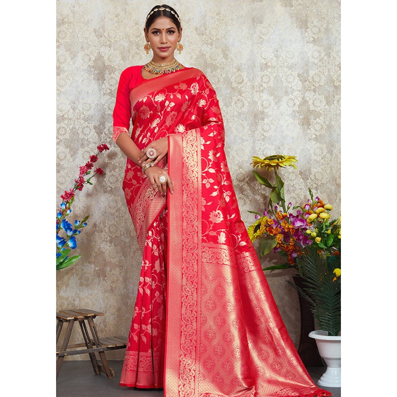 Red Spun Silk Saree With Blouse Piece - JD986580394