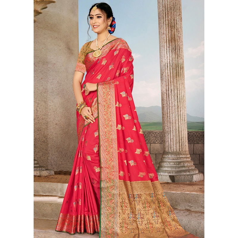 Red Spun Silk Saree With Blouse Piece - JD986580407