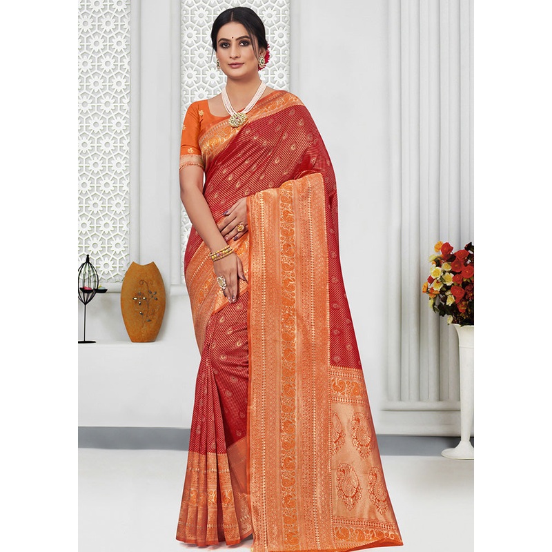 Red Spun Silk Saree With Blouse Piece - JD986580410