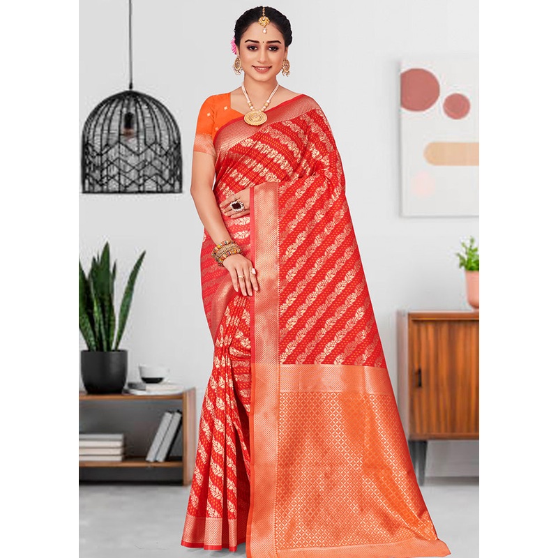 Red Spun Silk Saree With Blouse Piece - JD986580415