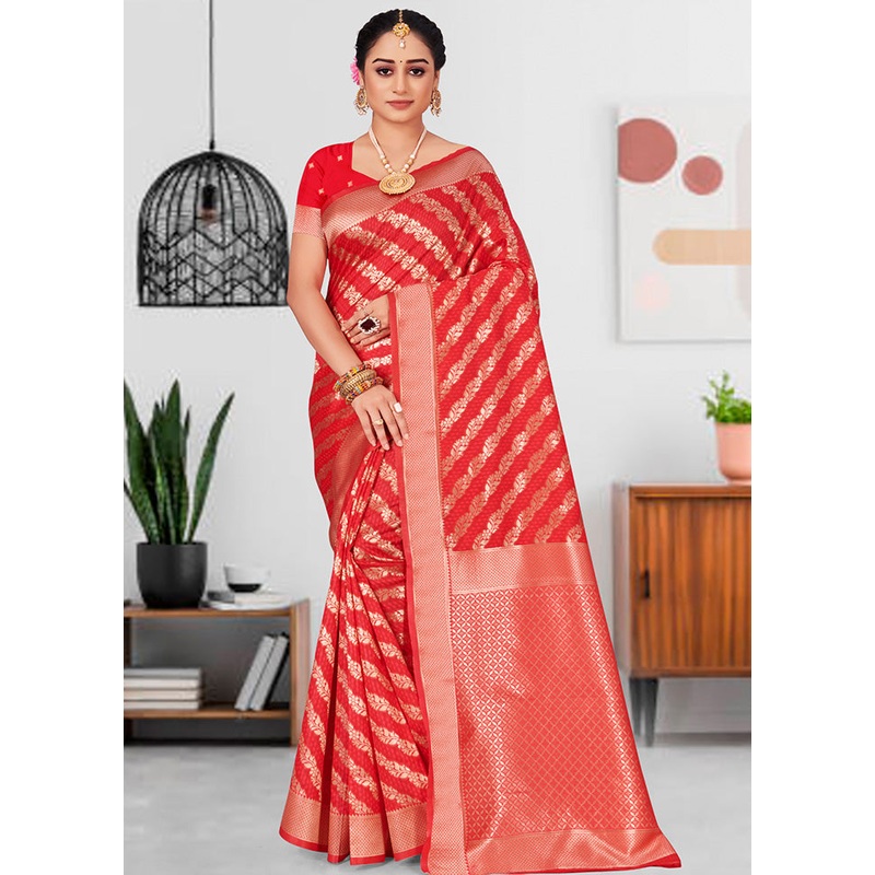Red Spun Silk Saree With Blouse Piece - JD986580419