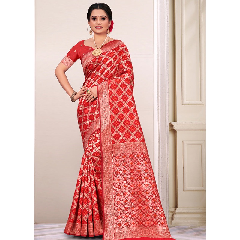 Red Spun Silk Saree With Blouse Piece - JD986580420