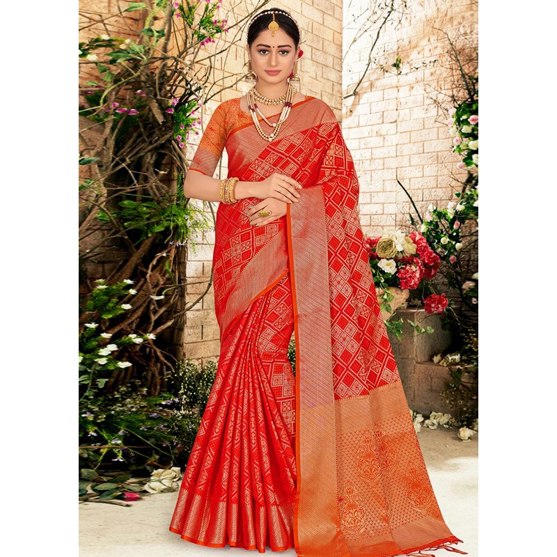 Red Spun Silk Saree With Blouse Piece - JD986580425