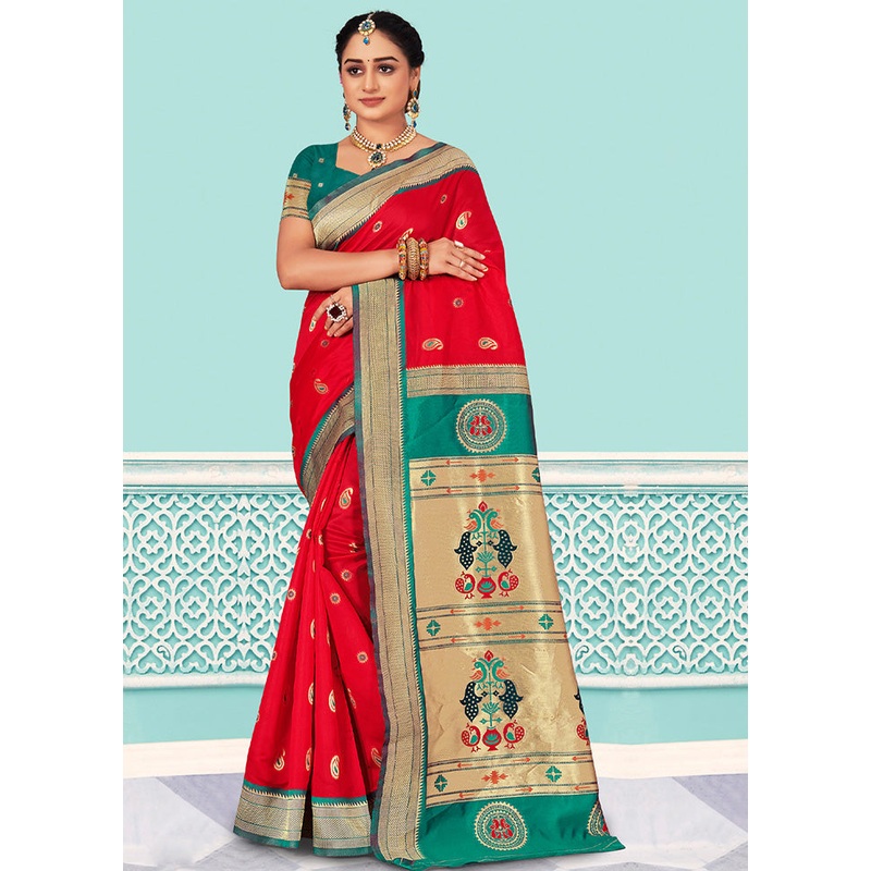 Red Spun Silk Saree With Blouse Piece - JD986580433