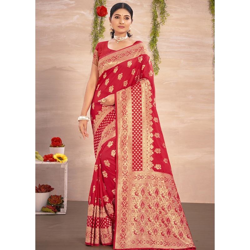 Red Spun Silk Saree With Blouse Piece - JD986580478