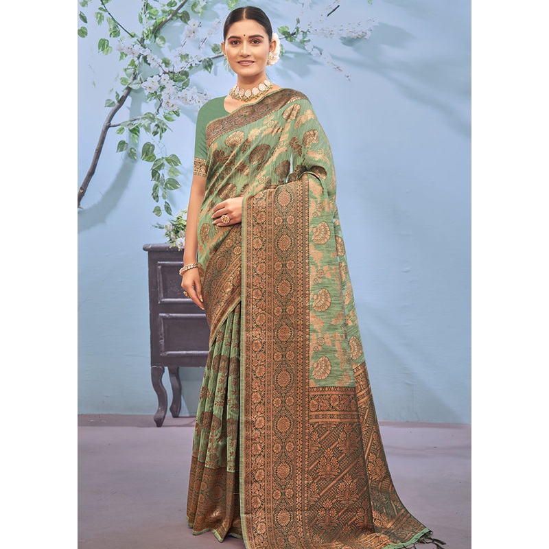 Sea Green Cotton Saree With Blouse Piece - JD986580507