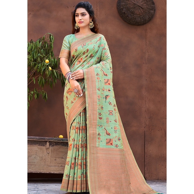 Sea Green Spun Silk Saree With Blouse Piece - JD986580363