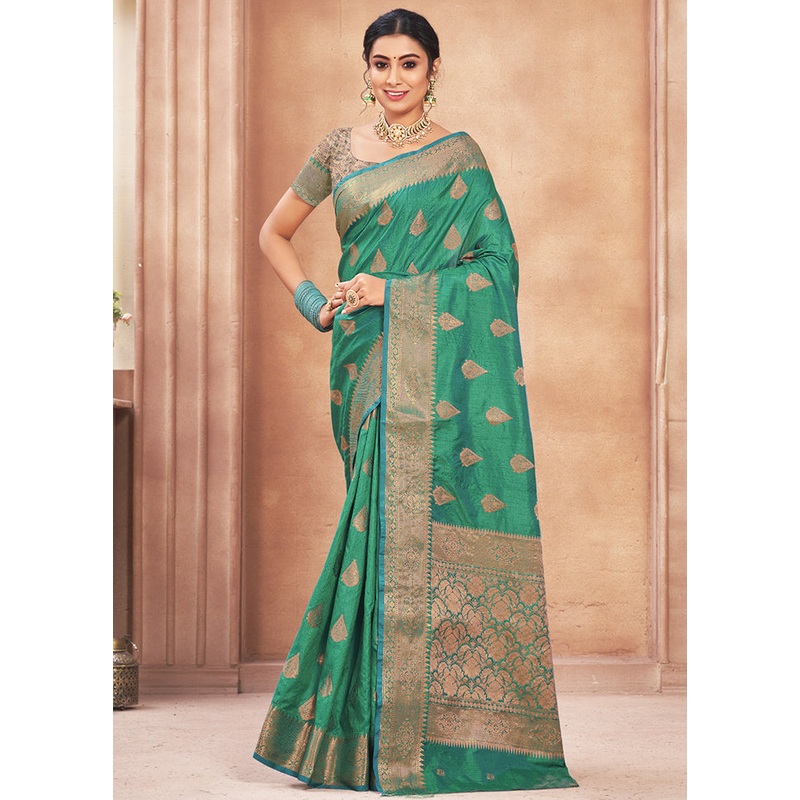 Sea Green Spun Silk Saree With Blouse Piece - JD986580463