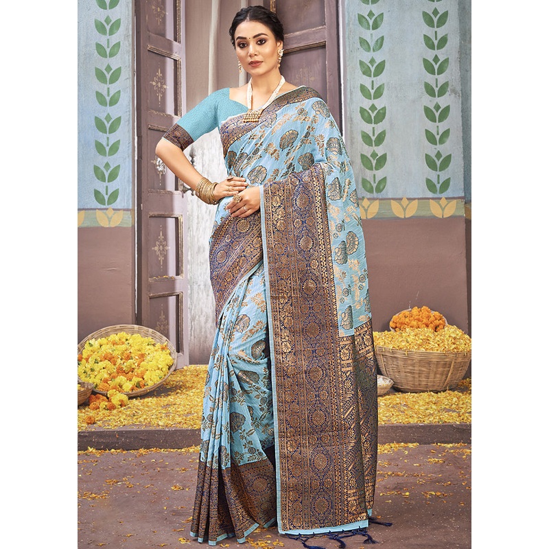 Sky Blue Cotton Saree With Blouse Piece - JD986580473