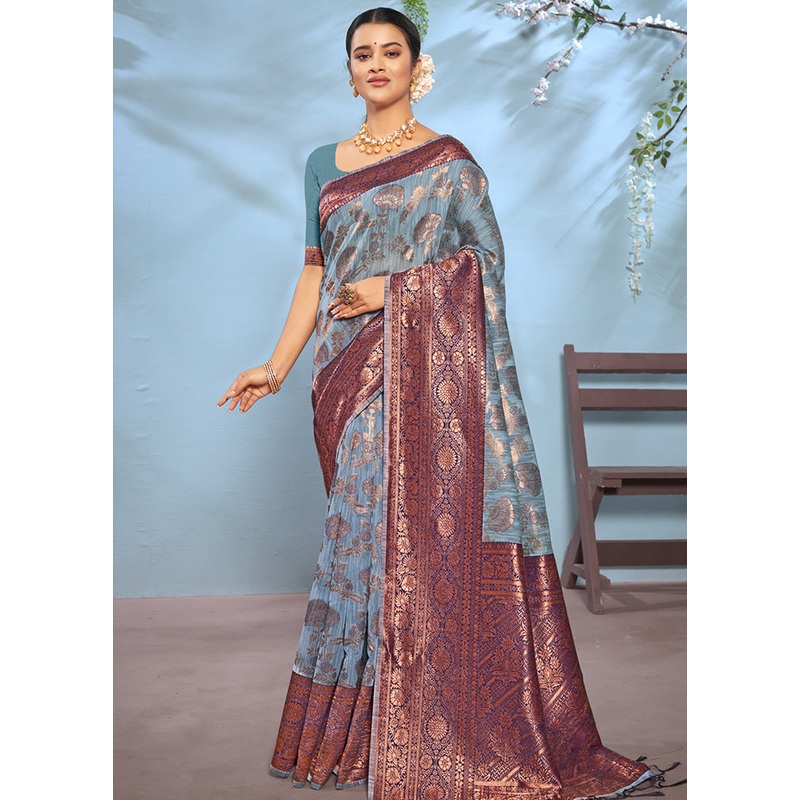 Sky Blue Cotton Saree With Blouse Piece - JD986580506