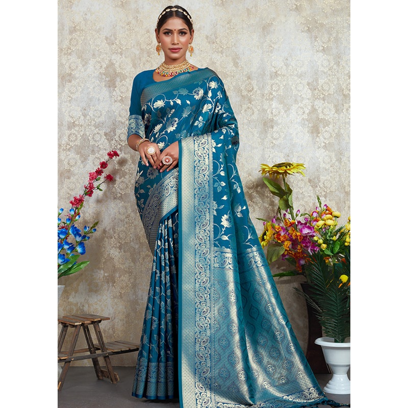 Teal Spun Silk Saree With Blouse Piece - JD986580390