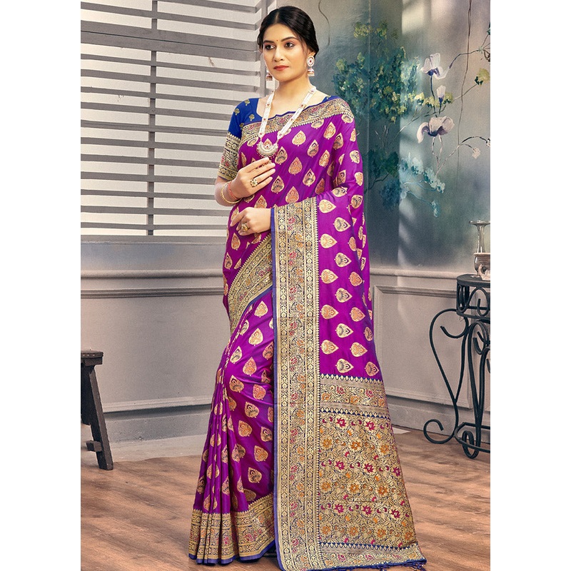 Violet Spun Silk Saree With Blouse Piece - JD986580439