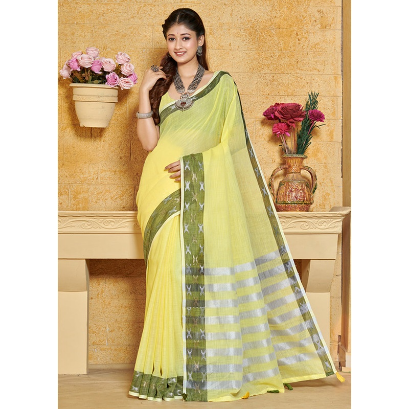 Yellow Cotton Saree With Blouse Piece - JD986580388