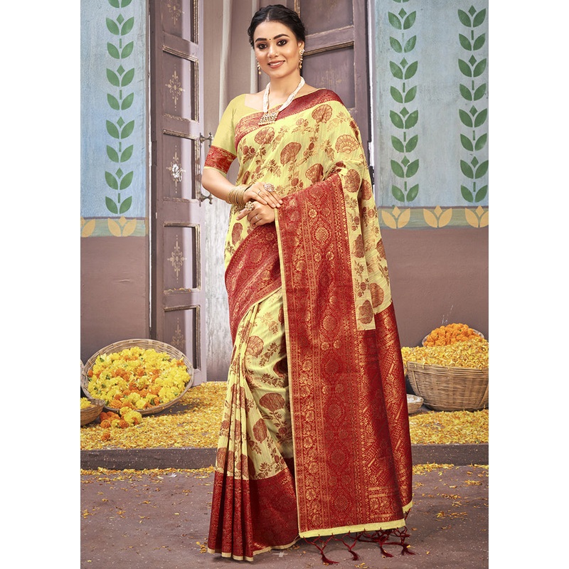 Yellow Cotton Saree With Blouse Piece - JD986580469
