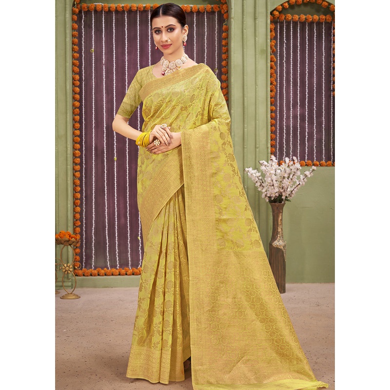 Yellow Linen Silk Saree With Blouse Piece - JD986580440