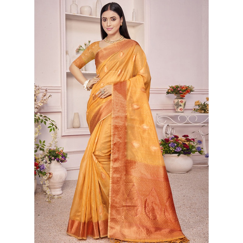 Yellow Organza Saree With Blouse Piece - JD986580446