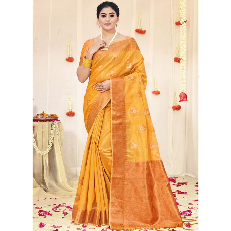 Yellow Organza Saree With Blouse Piece - JD986580452