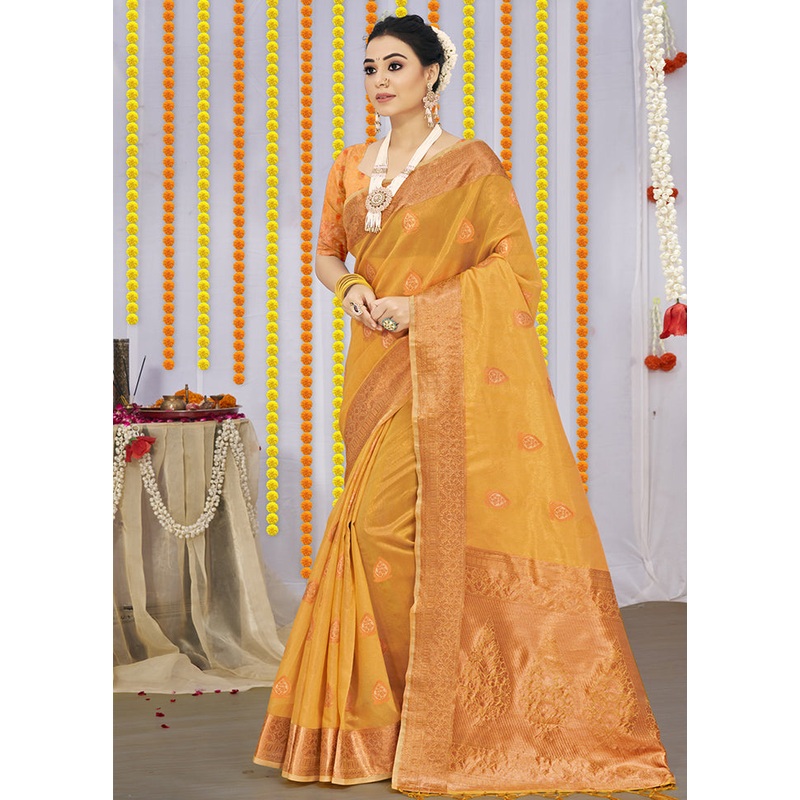 Yellow Organza Saree With Blouse Piece - JD986580459