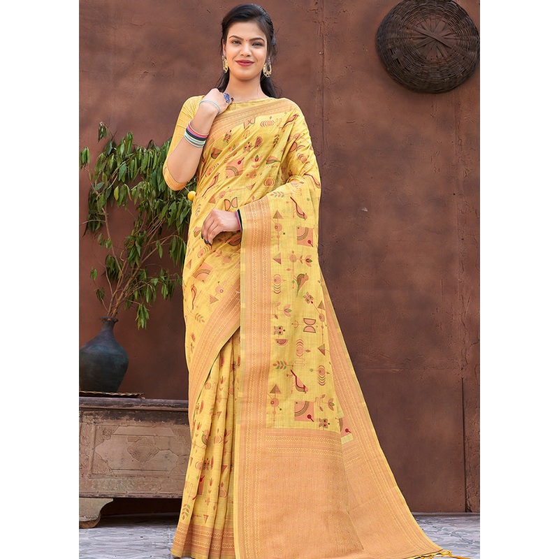 Yellow Spun Silk Saree With Blouse Piece - JD986580367