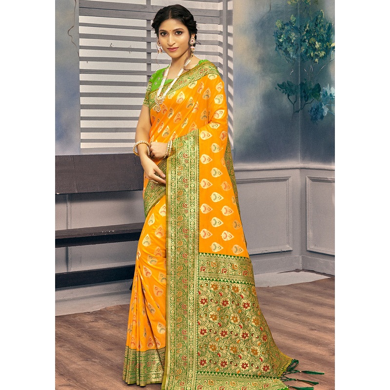 Yellow Spun Silk Saree With Blouse Piece - JD986580437