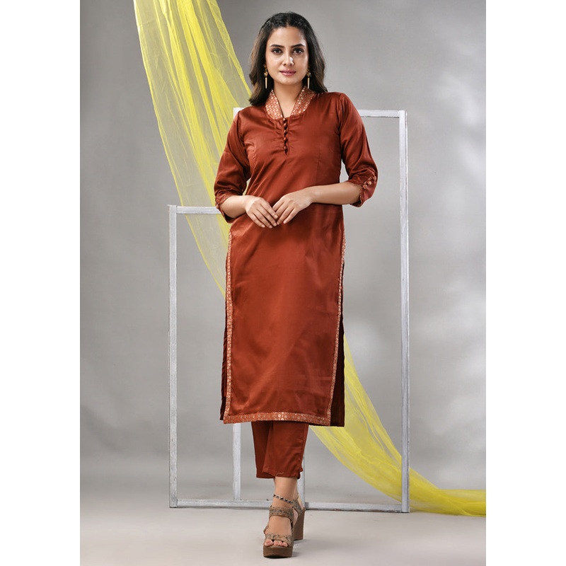 2 Pc Brown Readymade Silk Kurti Set - JD986580249