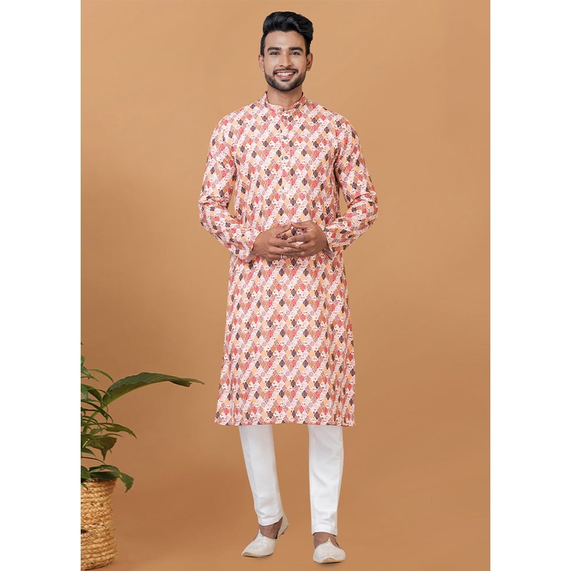 2 Pc Cream Cotton Kurta Pajama Set - JD986580162