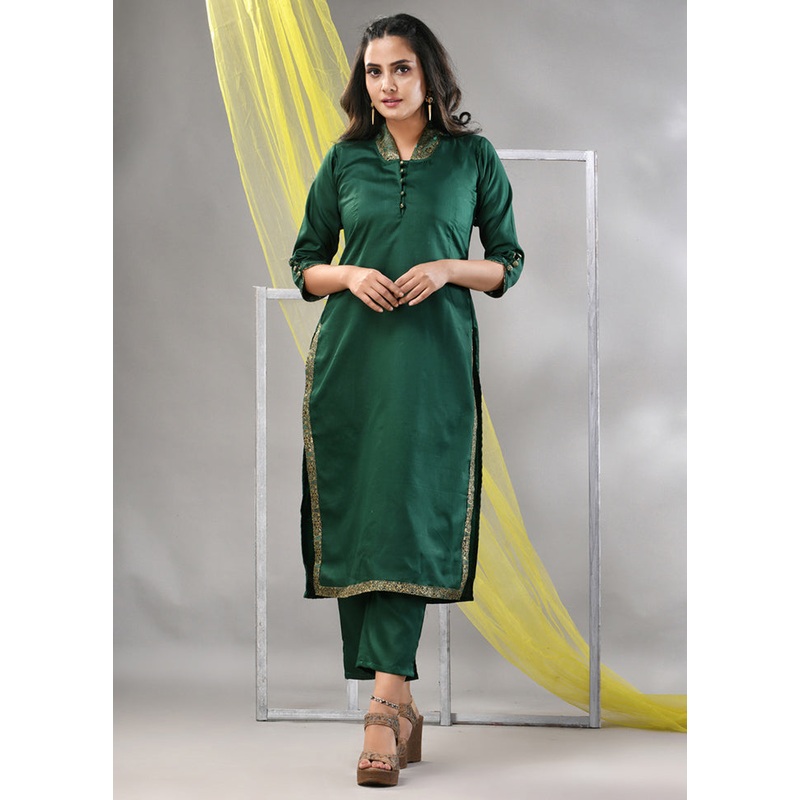 2 Pc Green Readymade Silk Kurti Set - JD986580248