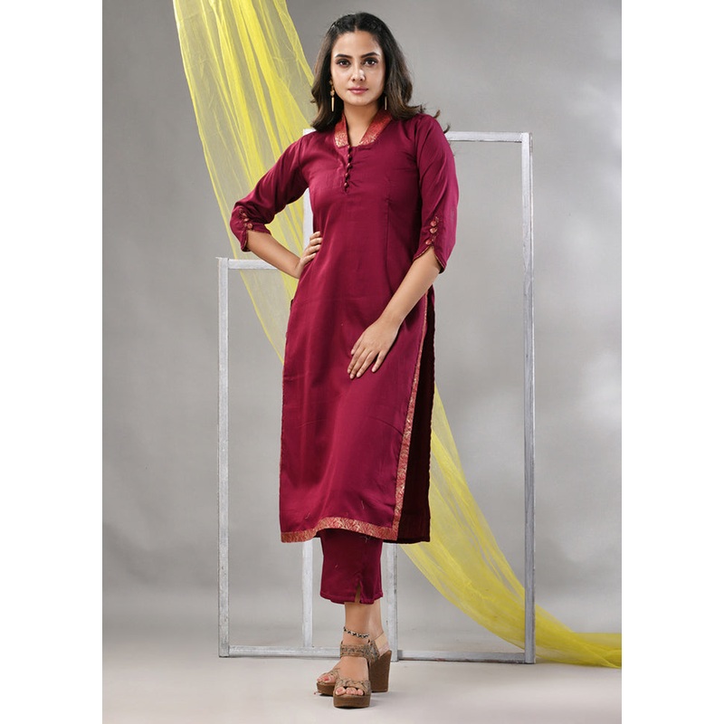 2 Pc Magenta Readymade Silk Kurti Set - JD986580247