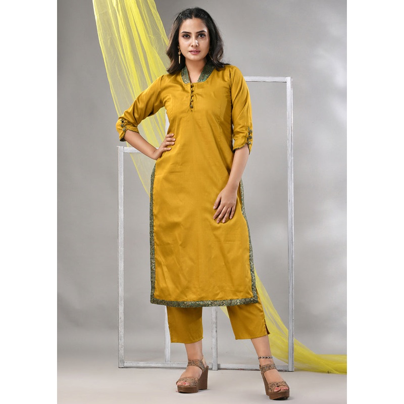 2 Pc Mustard Readymade Silk Kurti Set - JD986580246