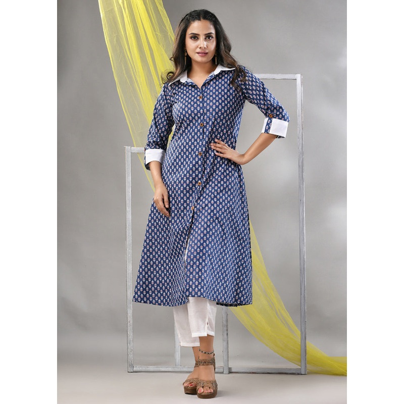2 Pc Navy Blue Readymade Cotton Kurti Set - JD986580244