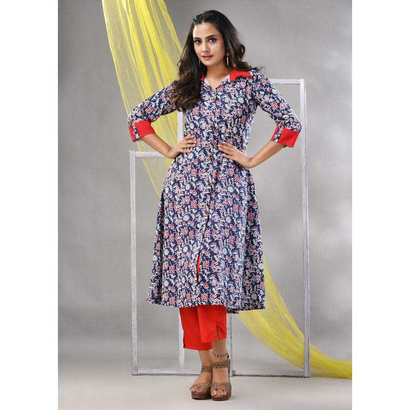 2 Pc Navy Blue Readymade Cotton Kurti Set - JD986580245
