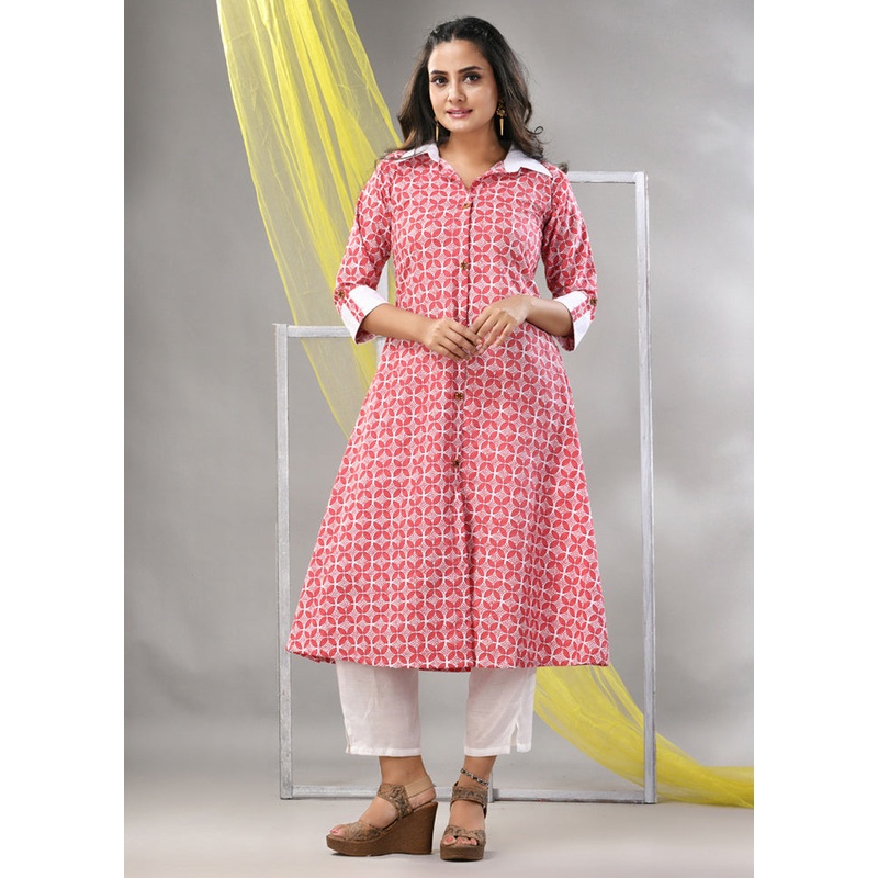 2 Pc Red Readymade Cotton Kurti Set - JD986580243