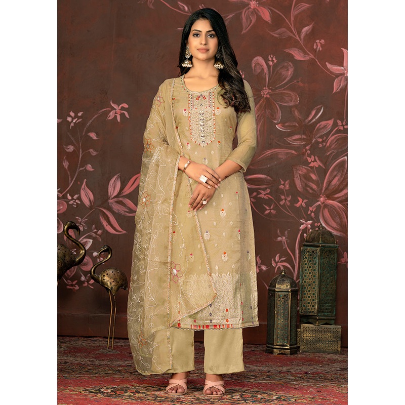 3 Pc Beige Semi Stitched Net Suit Set - JD986580161