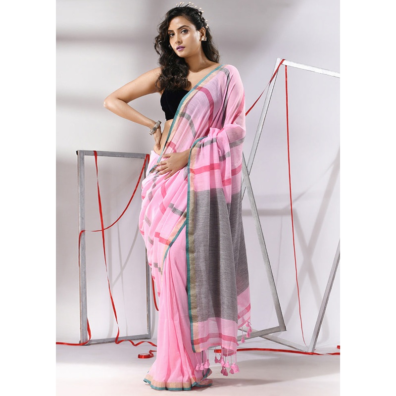 Baby Pink Cotton Saree With Blouse Piece - JD986580210