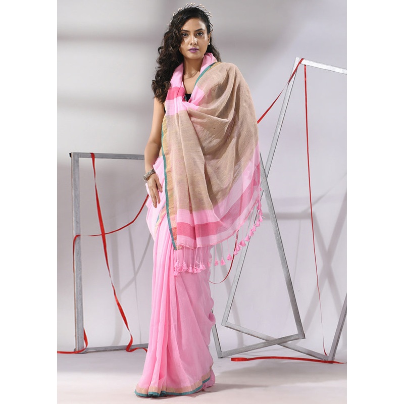 Baby Pink Cotton Saree With Blouse Piece - JD986580211