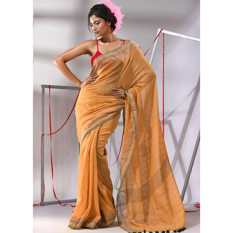 Beige Cotton Saree With Blouse Piece - JD986580208