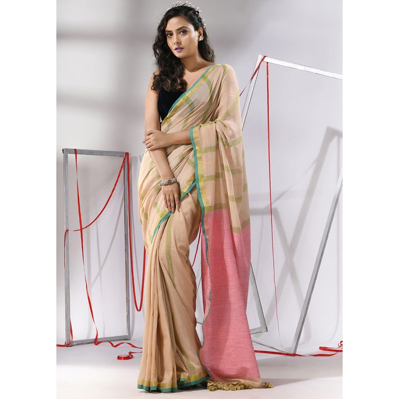 Beige Cotton Saree With Blouse Piece - JD986580209