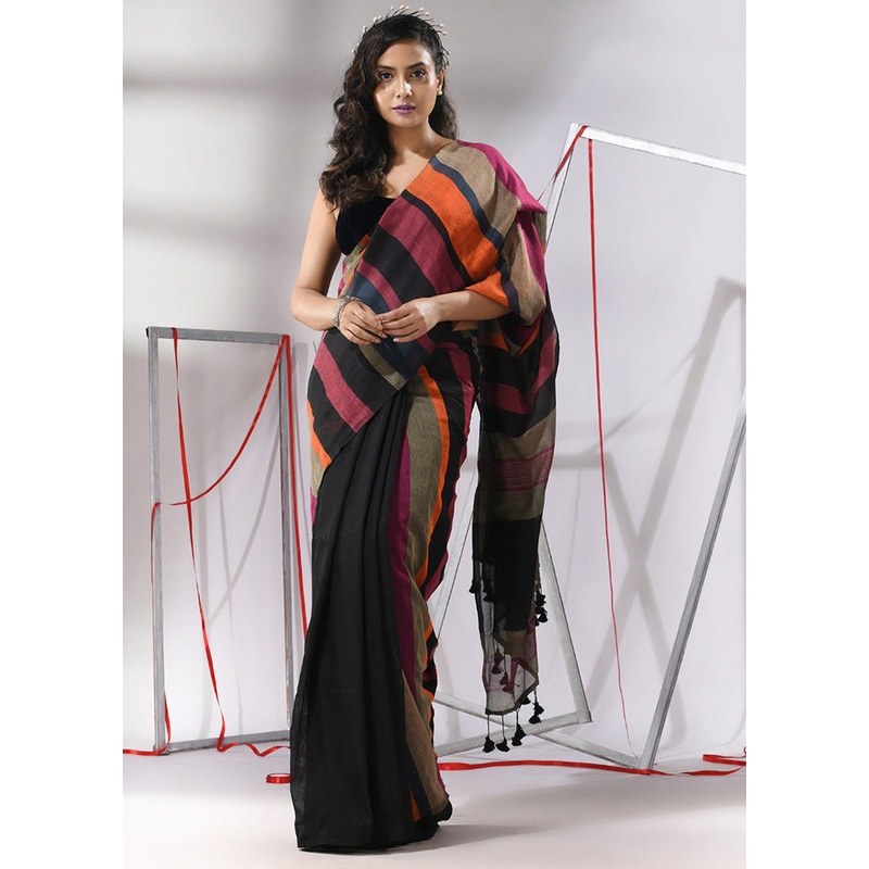Black Cotton Saree With Blouse Piece - JD986580207
